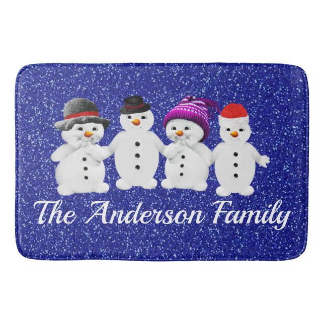 Tapete De Banheiro Family of Four Snowmen Blue Sparkle Winter     (Frente)