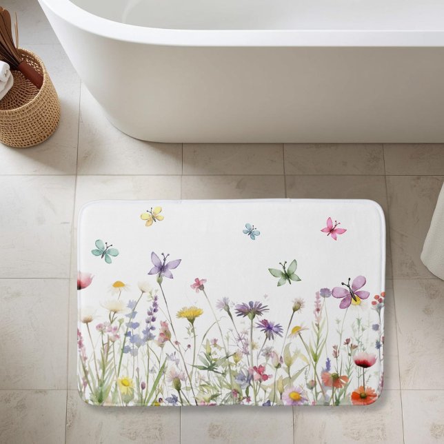 Tapete De Banheiro Farinhas silvestres de aquarelas delicadeza de pra (Watercolor wildflowers butterflies meadow delicate bath mat)