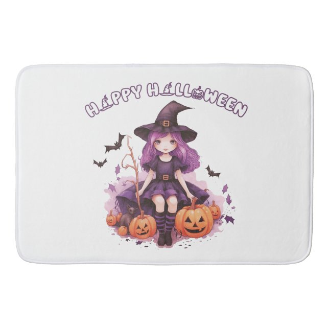 Tapete De Banheiro Feliz Halloween Roxo Bruxas Pumpkins & Bats (Frente)