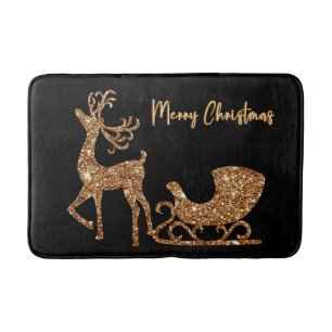 Tapete De Banheiro Feliz Natal Dourado, Reindeer e Sleigh