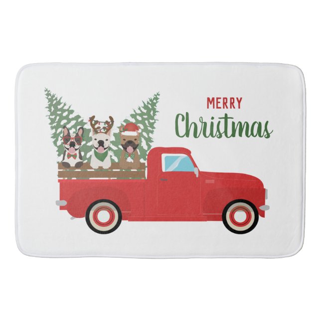 Tapete De Banheiro Feliz Natal Francês Bulldog Red Pickup Truck (Frente)