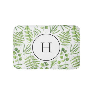 Tapete De Banheiro Ferns de Aquarela e Monograma do Padrão Eucalipto