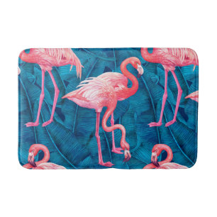 Tapete De Banheiro Flamingos em folhas de bananas azuis