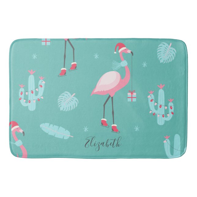 Tapete De Banheiro Flamingos Santa Hat apresenta flocos de neve (Frente)