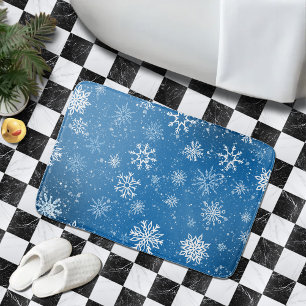 Tapete De Banheiro Flocos de Neve Azuis Clássico Inverno Branco