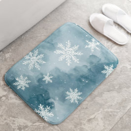 Tapete De Banheiro Flocos de Neve Azul Pálido Aquarela Inverno