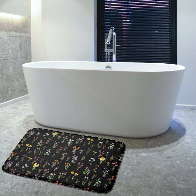 Tapete De Banheiro Flor de Água Preta Floral Botânico (Wildflower Watercolor Black Botanical Floral Bath Mat)