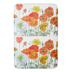 Tapete De Banheiro Flor de Papoula Amarela Laranja Vermelha Aquarela
