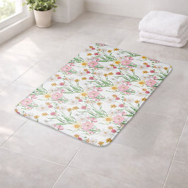 Tapete De Banheiro Flor Silvestre de Aquarela Rosa Verde
