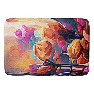 Tapete De Banheiro Floral Abstrato Art Laranja Vermelho Azul Flores