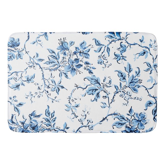 Tapete De Banheiro Floral Branco e Azul Delft Elegante (Frente)