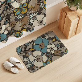 Tapete De Banheiro Floral Doodles Azul Turco Marrom Mostarda