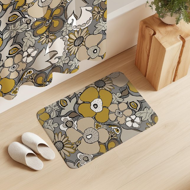Tapete De Banheiro Floral Doodles Mustard Beige Taupe Grey Black (Criador carregado)