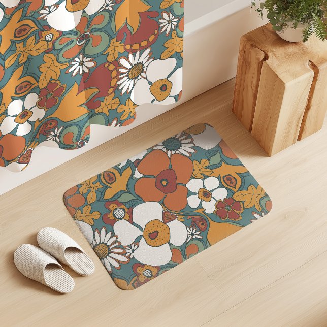 Tapete De Banheiro Floral Doodles Teal Sage Terracotta Orange (Criador carregado)