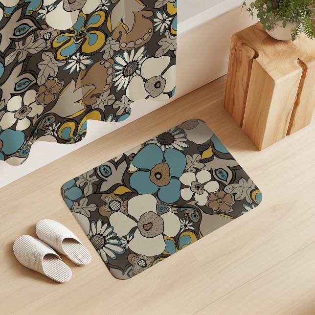 Tapete De Banheiro Floral Doodles Turkish Blue Umber Brown Mustard  (Criador carregado)