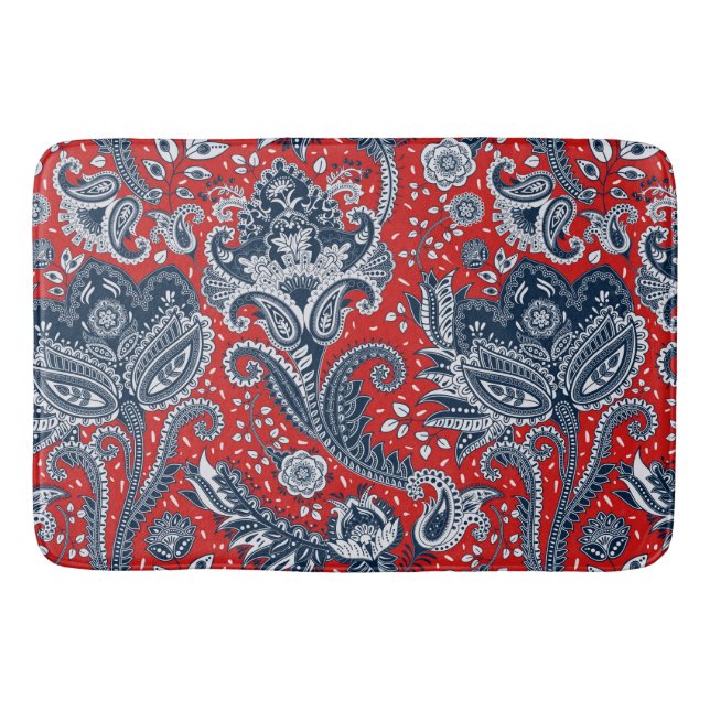 Tapete De Banheiro Floral Paisley Boho Boêmio Vermelho Branco e Azul (Frente)