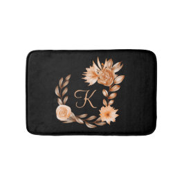 Tapete De Banheiro Floral Preto Marrom e Pêssego Monogramado