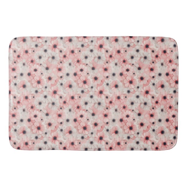 Tapete De Banheiro Flores de Anêmona Rosa Suave e Branco (Frente)