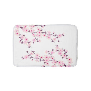Tapete De Banheiro Flores de Cerejeira Rosa Branco Floral
