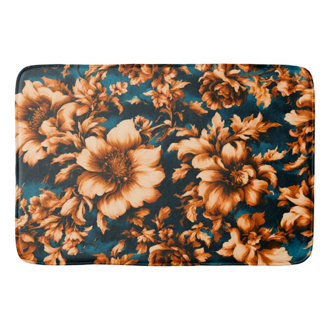 Tapete De Banheiro Flores de Ouro refinadas e luxuosas, folhas em azu (Frente)