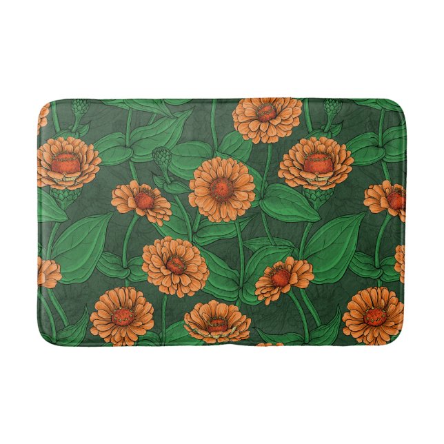 Tapete De Banheiro Flores de Zinnia laranja, folhas verdes em verde e (Frente)