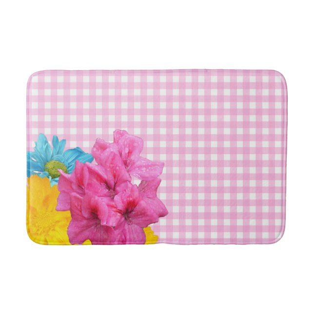 Tapete De Banheiro Flores e Gingham Rosa (Frente)