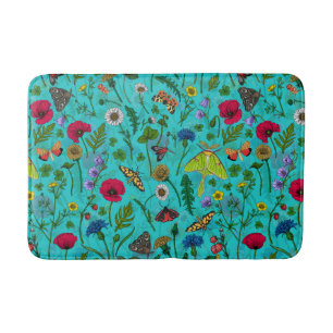 Tapete De Banheiro Flores e mariposas selvagens em teal