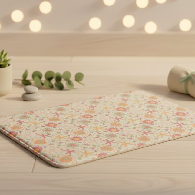 Tapete De Banheiro Flores e Starfish Cream e rosa (Make your floors fun again with this fantasy floral design dotted with cute starfish, simply magical)