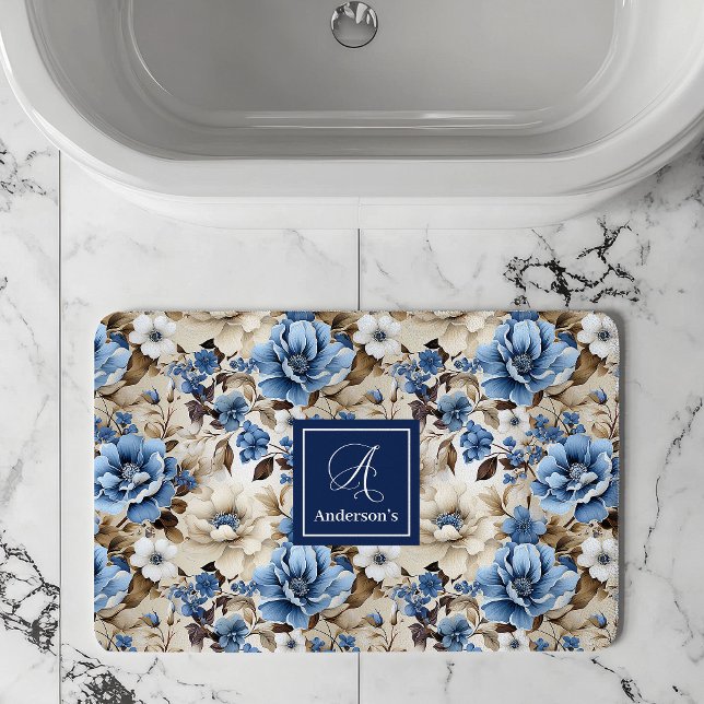 Tapete De Banheiro Flores Sofisticadas Azul-Marinho Personalizadas pa (Sophisticated Navy Blue Flowers Personalized Bath Mat)