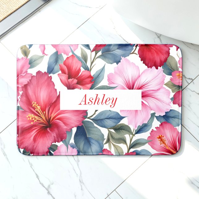 Tapete De Banheiro Flores Tropicais de Hibiscus Rosa-Vermelho (Criador carregado)