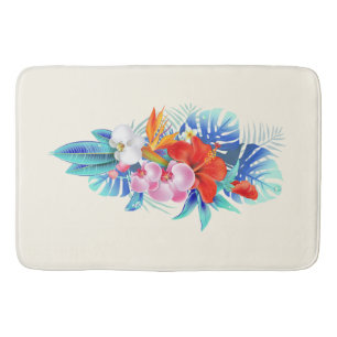 Tapete De Banheiro Flores Tropicais Exóticas - Rosa e Aquamarino