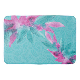 Tapete De Banheiro Flores Turquesas-Rosa-Abstrato Havaianas