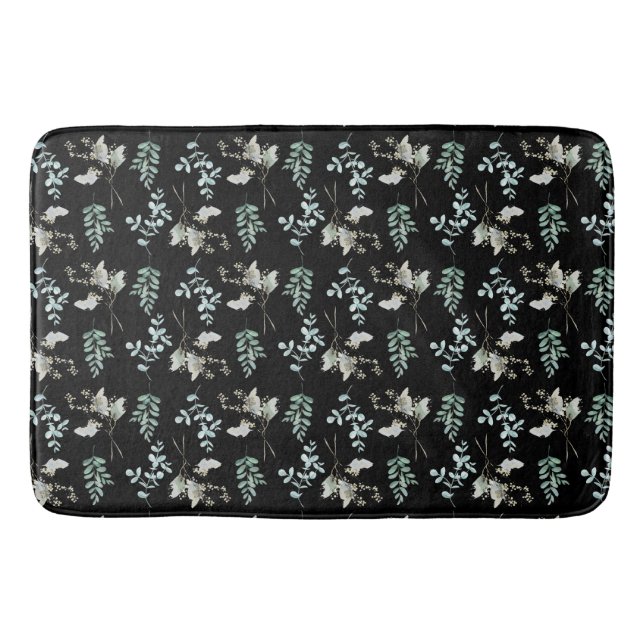 Tapete De Banheiro Folhas Botânicas Pretas e Verde (Frente)