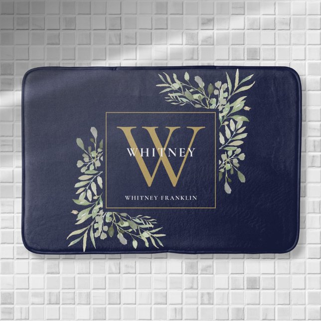 Tapete De Banheiro Folhas De marinho Azul E Monograma Dourado (Navy Blue And Gold Monogram Greenery Leaves Bath Mat)
