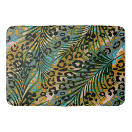 Tapete De Banheiro Folhas de palma num fundo-leopardo.