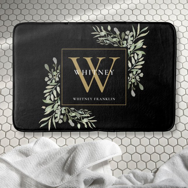 Tapete De Banheiro Folhas de Verdura de Monograma Ouro Preto Moderno (Modern Black Gold Monogram Greenery Leaves Bath Mat)