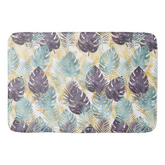 Tapete De Banheiro Folhas Douradas Roxas Tropicais  (Frente)