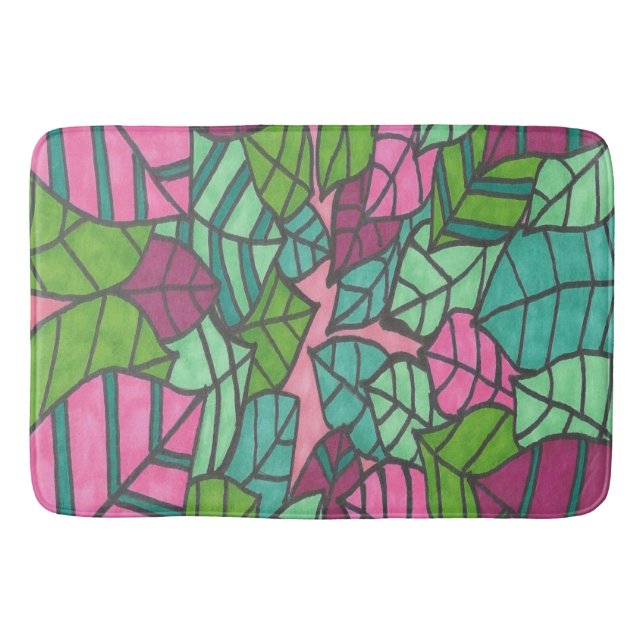 Tapete De Banheiro Folhas Tropicais Rosa e Verde (Frente)