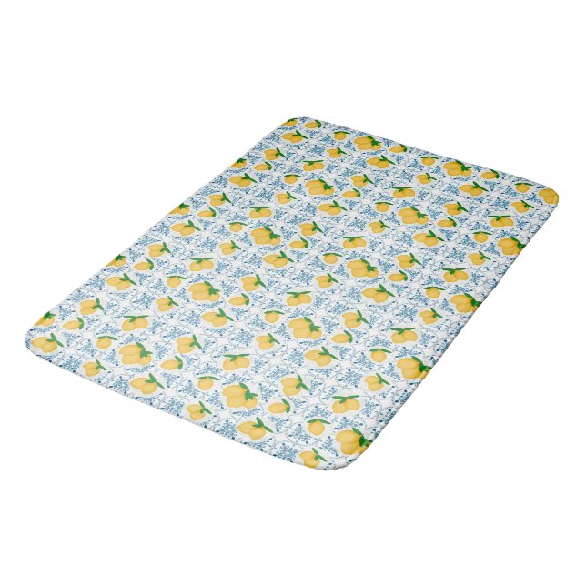 Tapete De Banheiro French Country Lemon Blue Floral Tile Pattern (Angulado)
