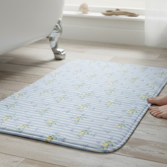 Tapete De Banheiro French Country Lemon  Blue Stripe Bow Pattern (Criador carregado)