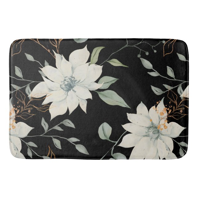 Tapete De Banheiro Fundo Botânico Floral Branco Clássico Preto (Frente)