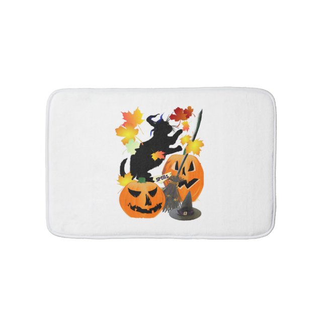 Tapete De Banheiro Gatinho Negro Halloween Batendo Folhas Bonito (frente)