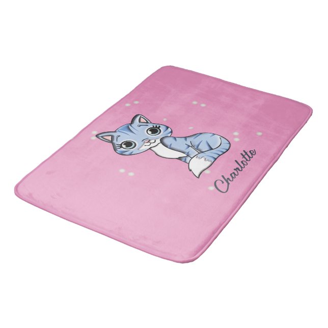 Tapete De Banheiro Gato azul bonito com nome personalizado rosa (Angulado)