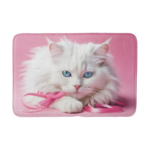 Tapete De Banheiro Gato Branco Com Fitas Rosa