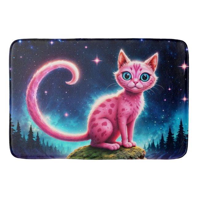 Tapete De Banheiro Gato brilhante, longa cauda, arte de olhos azuis (Frente)