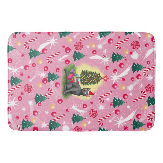 Tapete De Banheiro Gato de Natal Rosa (Frente)