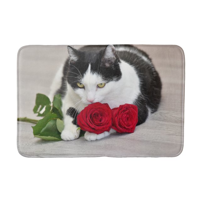 Tapete De Banheiro Gato fofo com a rosa vermelha (Frente)