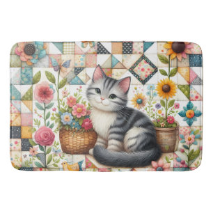 Tapete De Banheiro Gato Fofo em Colcha Floral Cottagecore