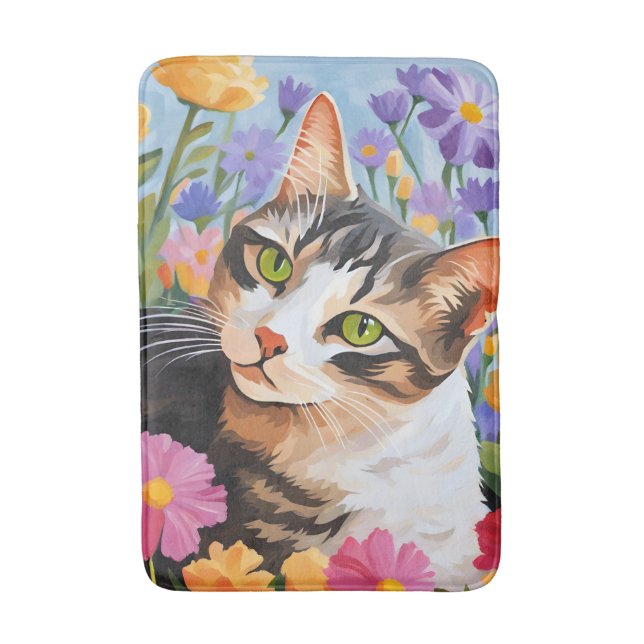 Tapete De Banheiro Gato lindo com flores (Frente Vertical)