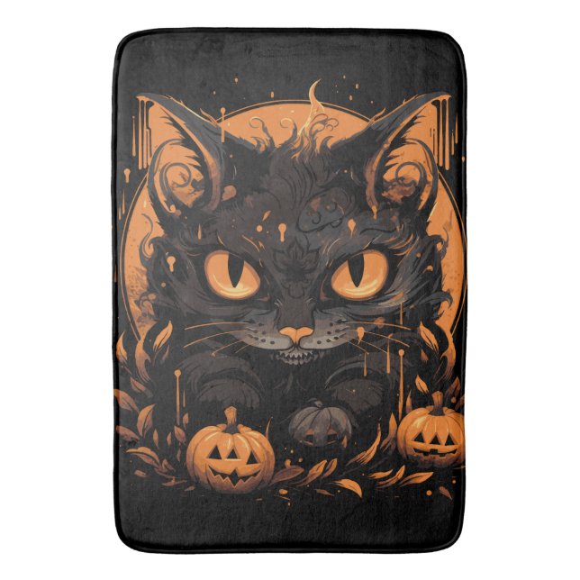 Tapete De Banheiro Gato Preto do Halloween com Pumpkins e Lua (Frente Vertical)